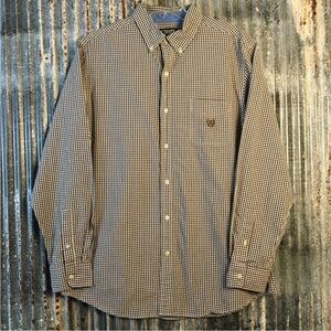 Chaps Mens L Shirt Long Sleeve Button Up Brown Gingham Check Logo Easy Care Logo
